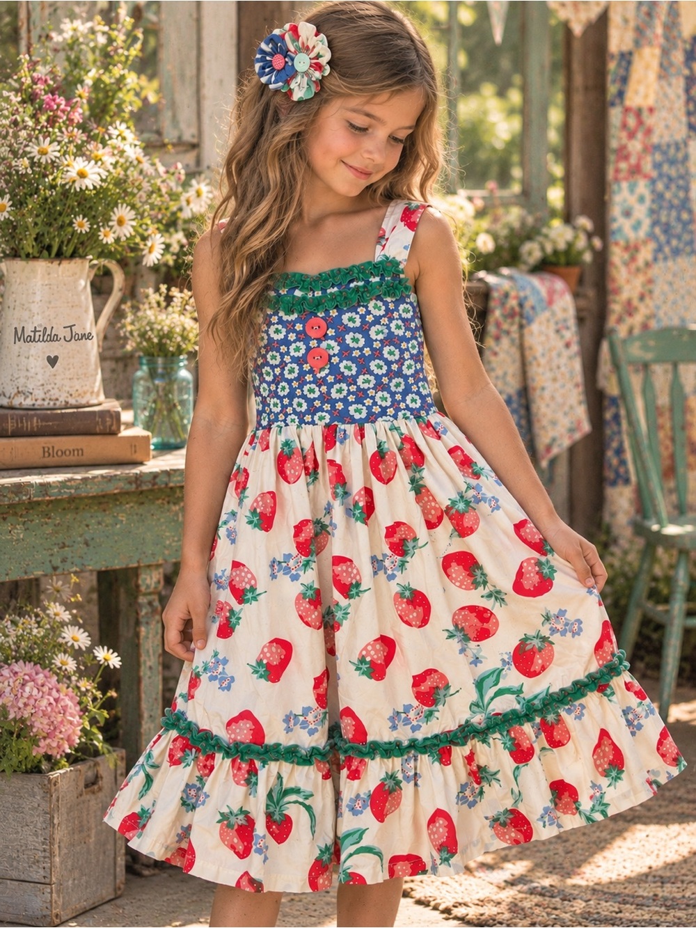 Matilda Jane Blue & Cream Strawberry Print Ruffle Sundress| Matching Hair Bow
